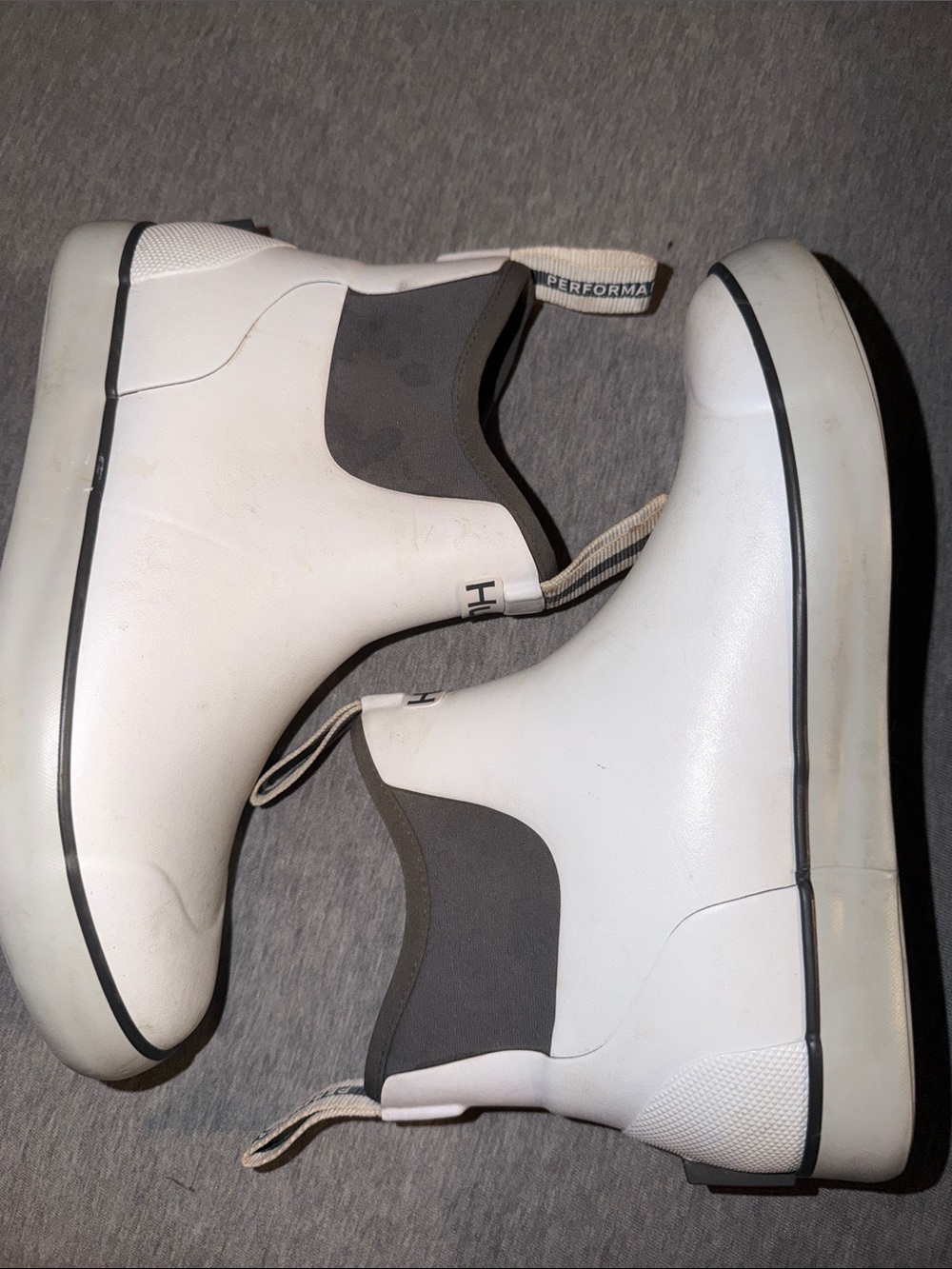 Huk White Boots with Gray Stretch Panels